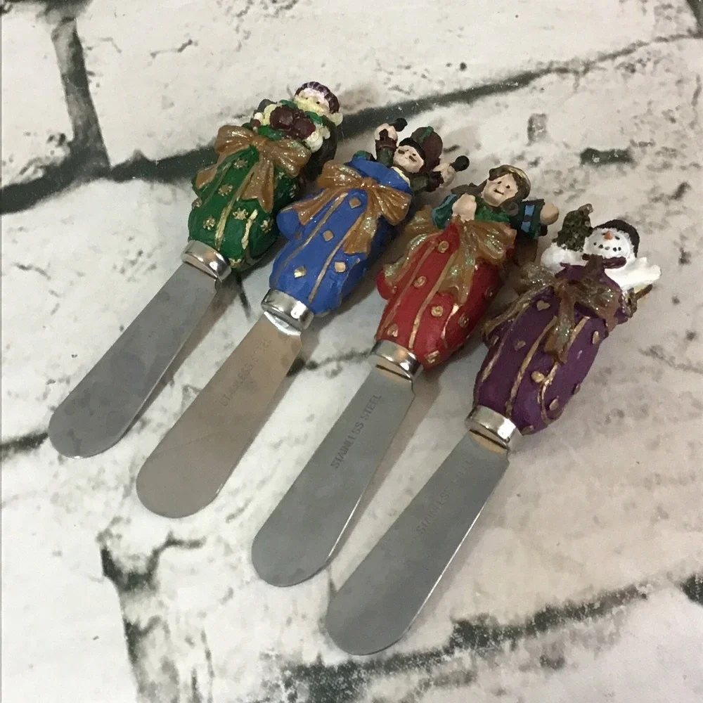 Christmas Cheese Spreader Knives Lot Of 4 Resin Figural Stainless Steel